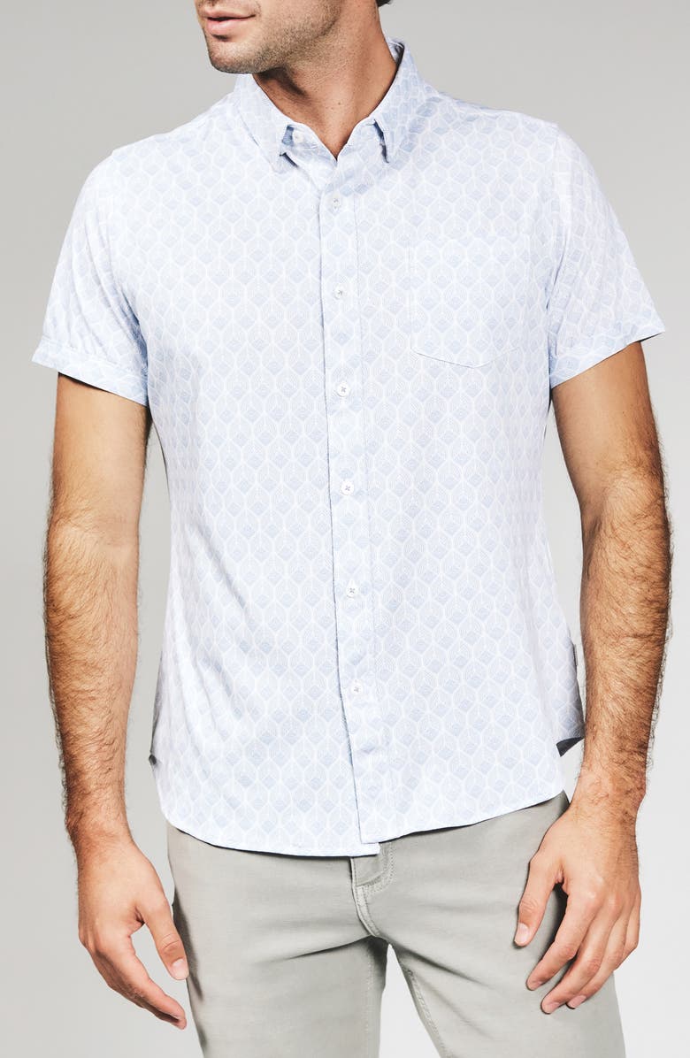 7 Diamonds Holden Leaf Print Short Sleeve Stretch Button-Up Shirt, Main, color, Light Blue