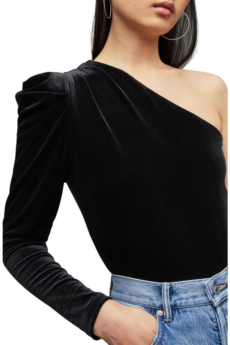 Daphne One-Shoulder Velvet Bodysuit, Alternate, color, BLACK
