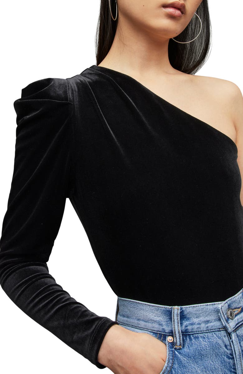 AllSaints Daphne One-Shoulder Velvet Bodysuit, Alternate, color,
