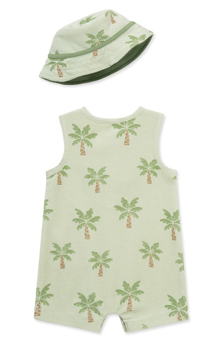 Little Me Palm Tree Terry Romper & Hat Set, Alternate, color, Green