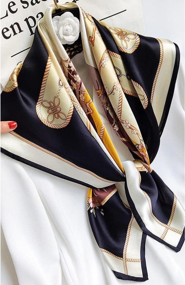 SILKSILKY Pure Mulberry Silk Printed Square Shawl Scarf, Alternate, color, Black