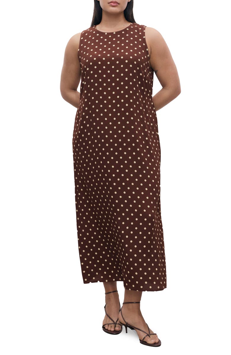 MANGO Polka Dot Sleeveless Midi Dress, Alternate, color, Brown