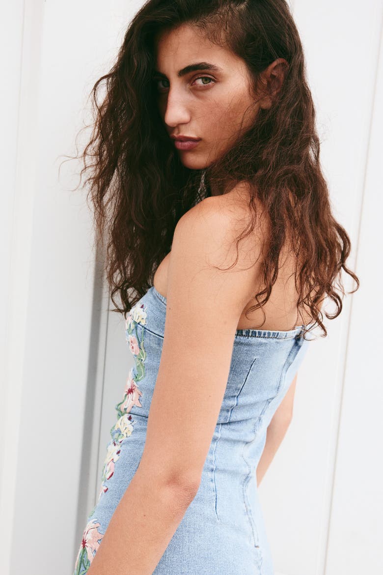 Embroidered Denim Bandeau Dress, Alternate, color, Denim blue/floral