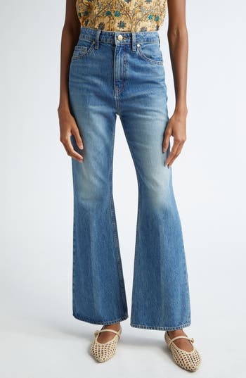 Ulla Johnson Lou Button Fly High-waisted Flared Jeans In Danube Medium Indigo Wash