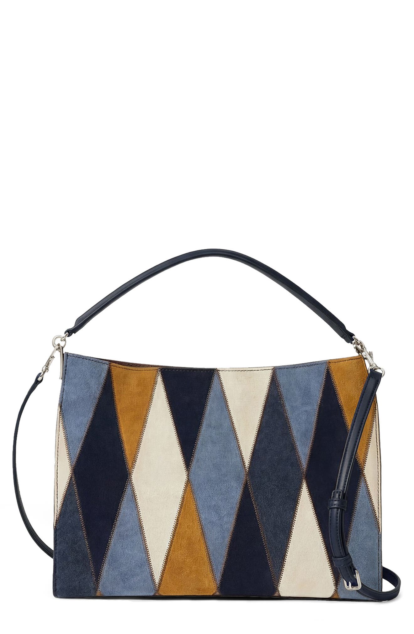 Veronica Beard Vida Patchwork Suede Shoulder Bag, Main, color, Blue Multi