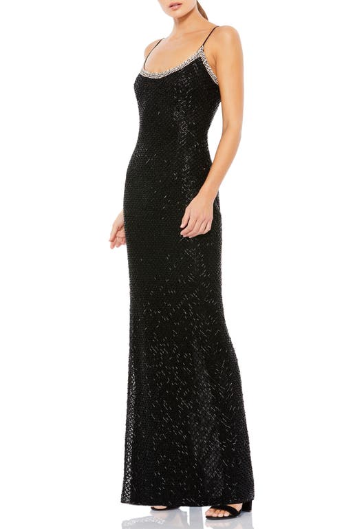 Mac Duggal Beaded Spaghetti Strap Column Gown In Black