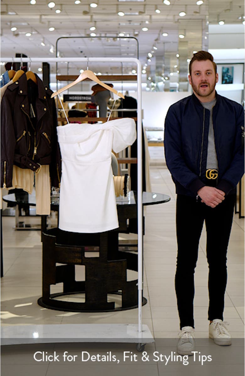 Olive Off the Shoulder Mixed Media Cocktail Minidress, sales video thumbnail