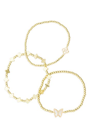 Eye Candy Los Angeles Calista Set Of 3 Beaded Pavé Butterfly & Clover Bracelets In Brown