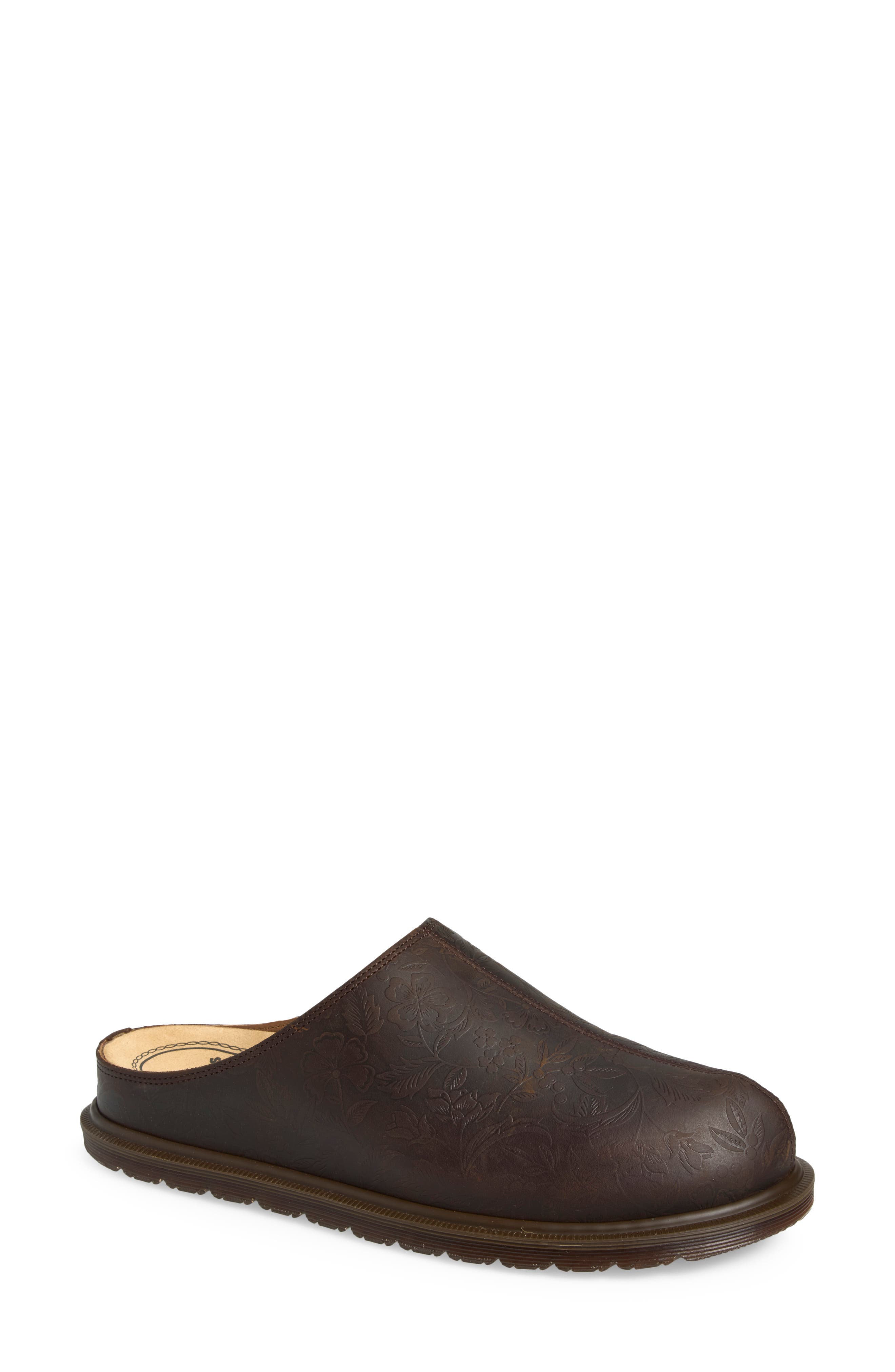 San Floral Embossed Leather Mule, Main, color, DARK BROWN