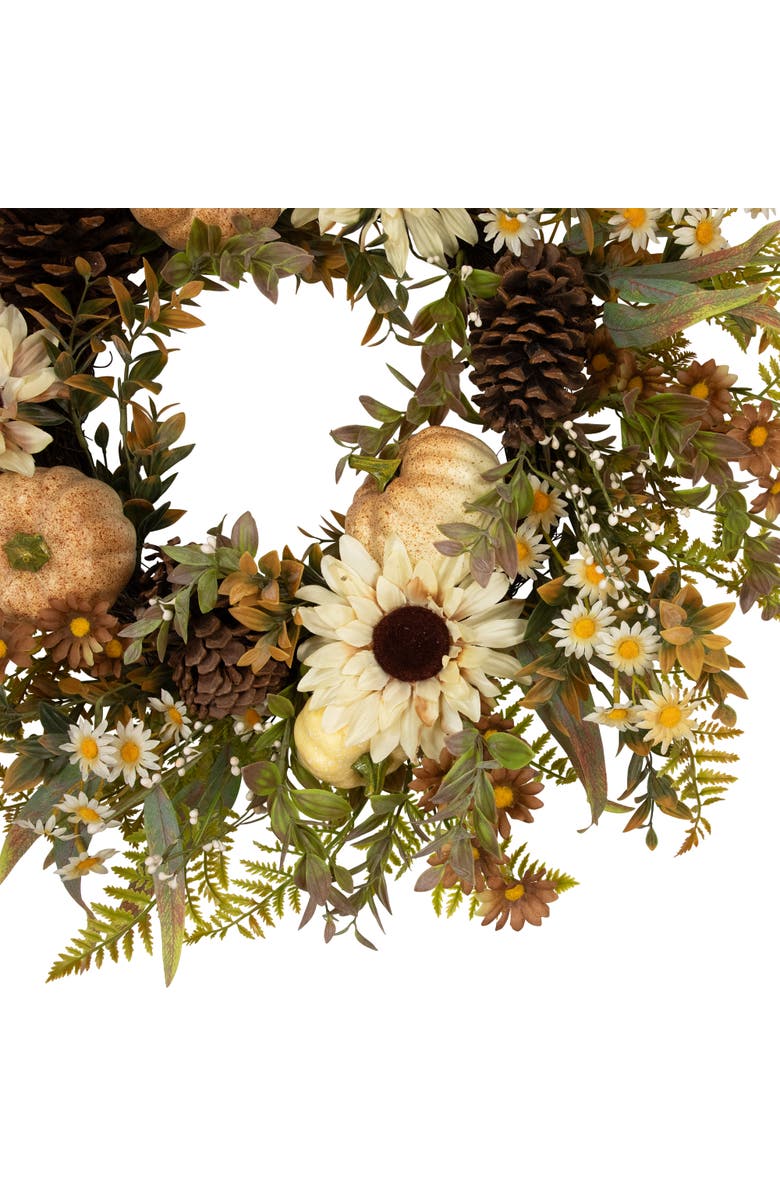 Northlight Pumpkins, Sunflowers and Fern Artificial Floral Fall Harvest Wreath - 28", Alternate, color, Ivory