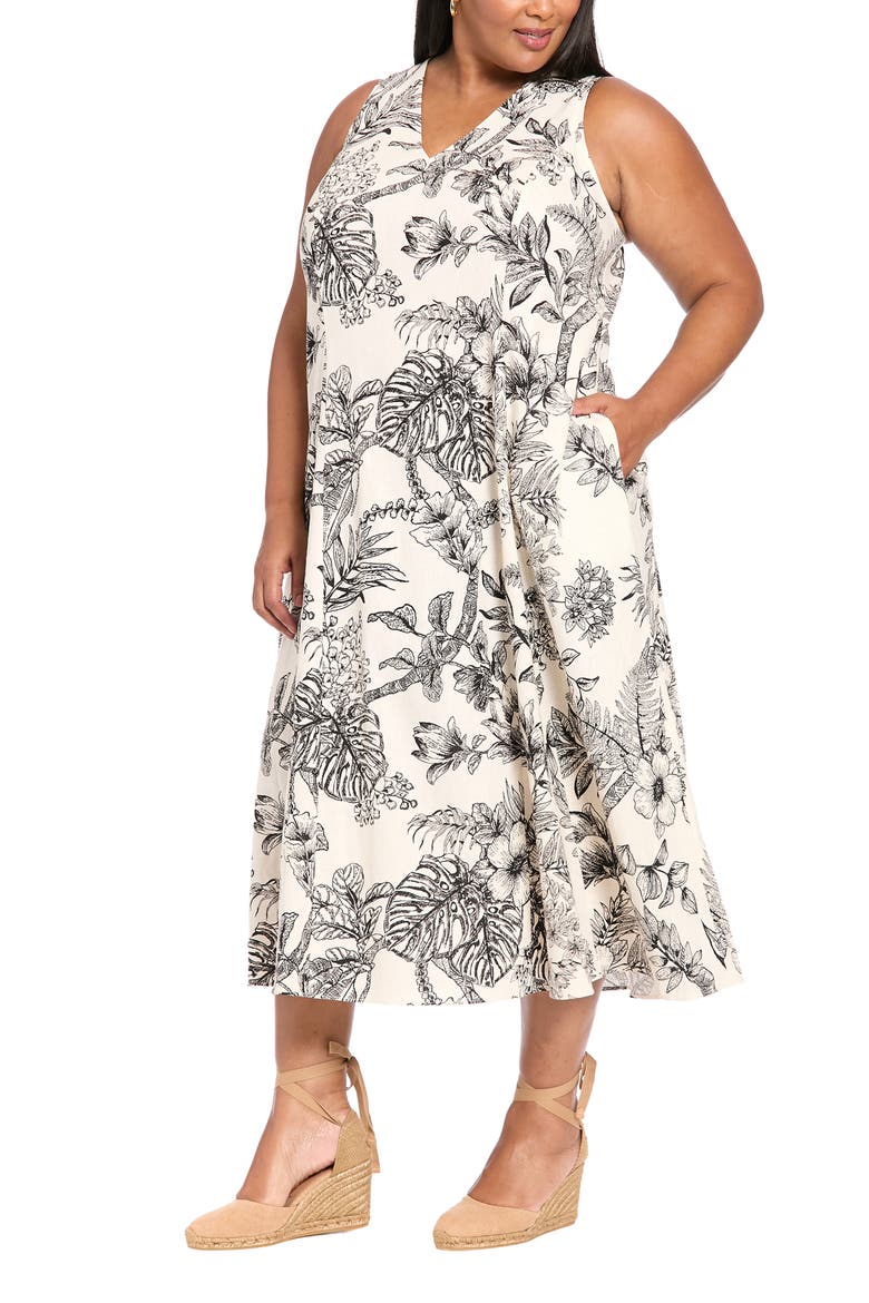 Sleeveless Linen Blend A-Line Dress, Alternate, color, CREAM/ BLACK