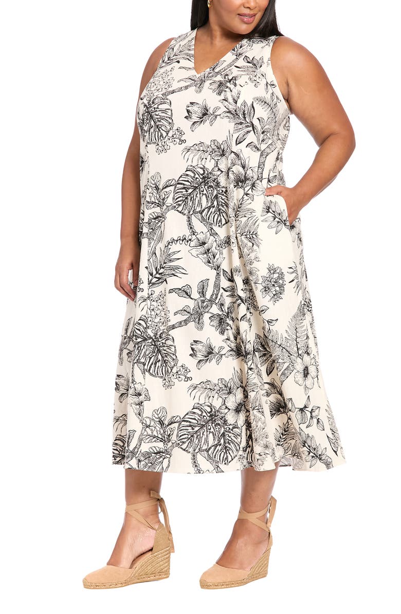 London Times Sleeveless Linen Blend A-Line Dress, Alternate, color, Cream/ Black