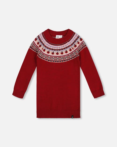 Deux Par Deux Knit Dress With Apple Jacquard Yoke In Red