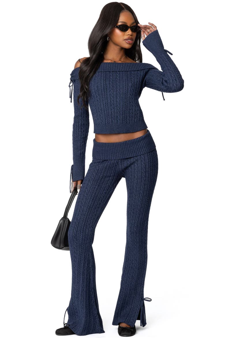 Chase Foldover Off the Shoulder Bow Trim Sweater, Alternate, color, NAVY