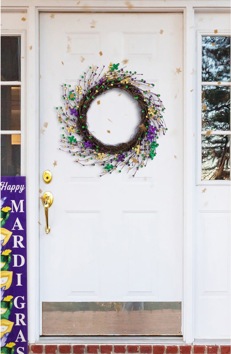 Glitzhome 20"D Mardi Gras Berry & Fleur-de-Lis Wreath, Alternate, color, Purple
