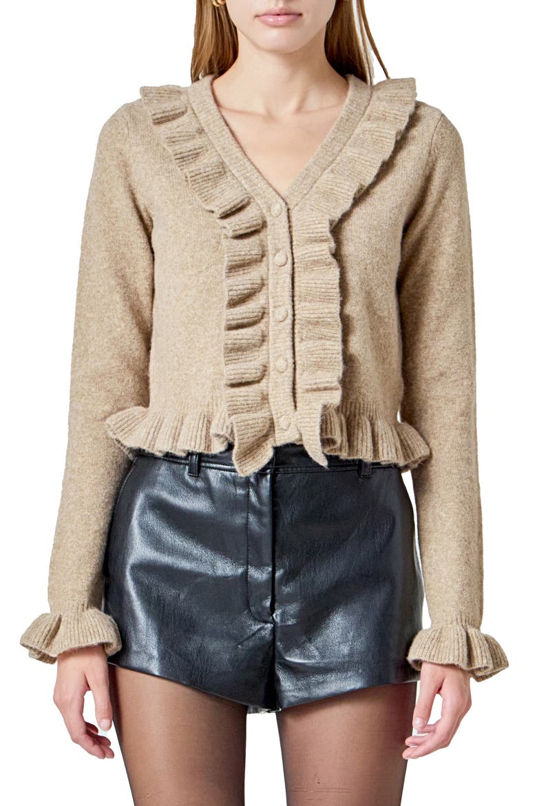 Ruffle Crop Cardigan, Main, color, TAN