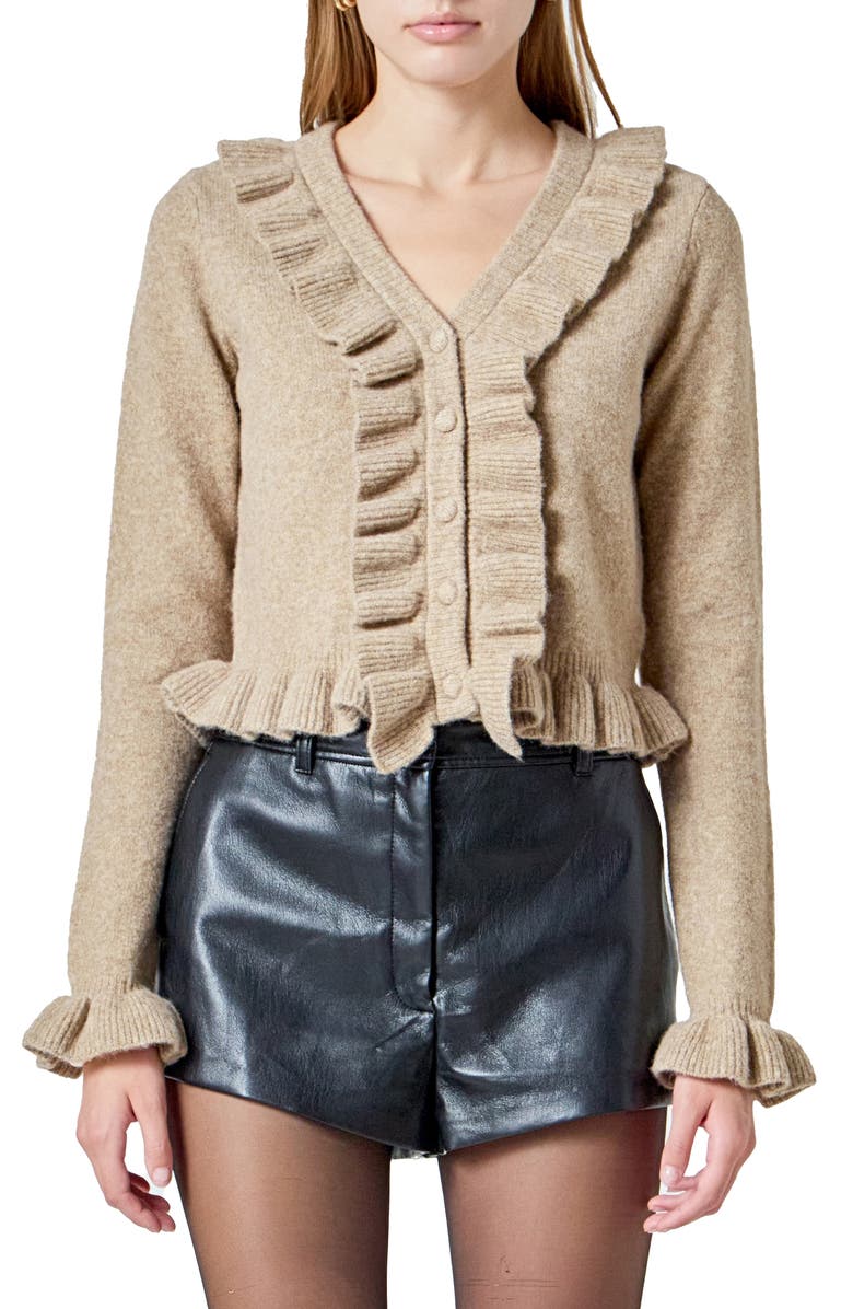Endless Rose Ruffle Crop Cardigan, Main, color, Tan