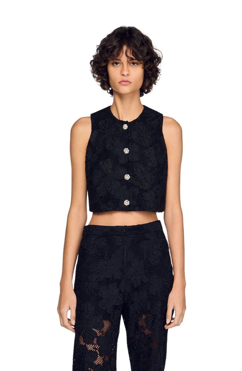 SANDRO Embroidered guipure crop top, Main, color, Black