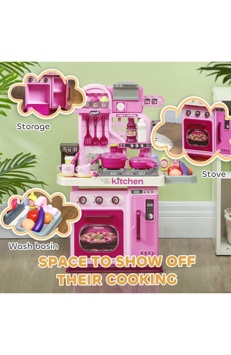 Qaba Kids Play Kitchen, Lights, Sounds, 33 Accessories, Storage, Alternate, color, Pink