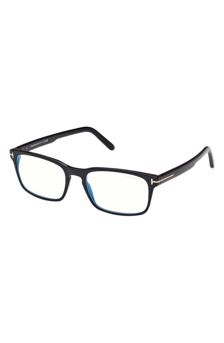 TOM FORD 54mm Rectangular Blue Light Blocking Glasses, Alternate, color, Black Eco / T Logo