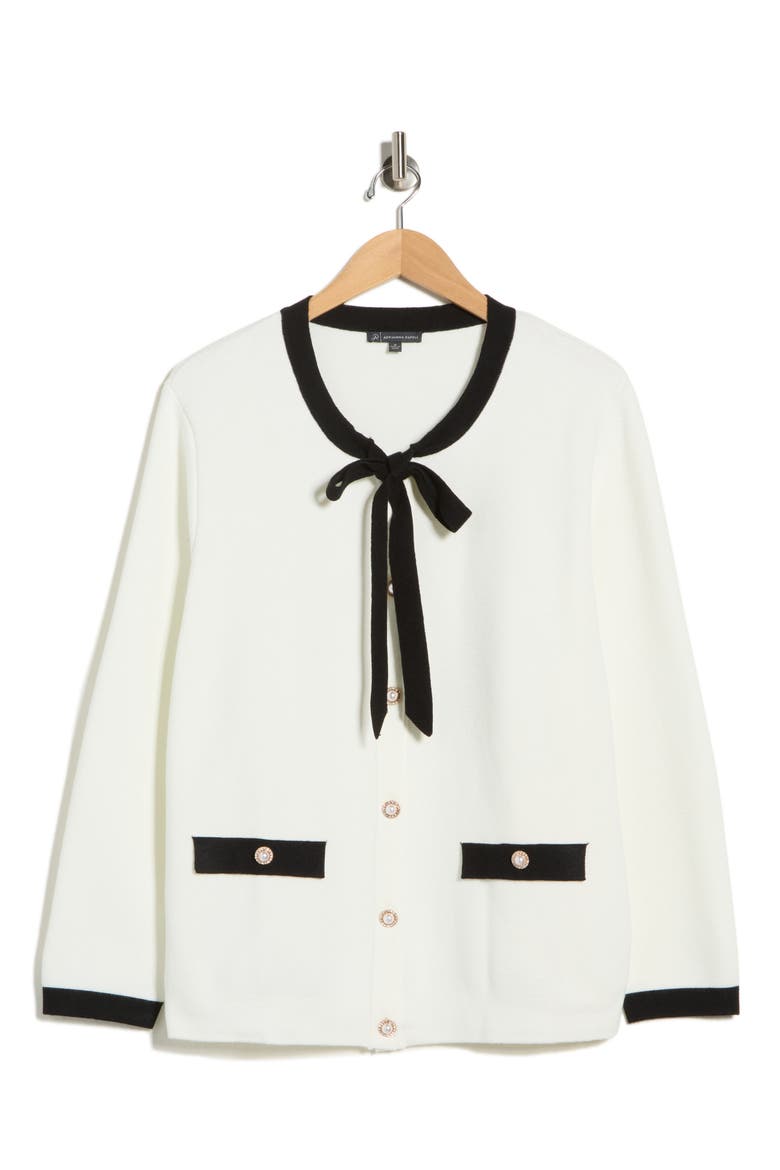 Bow Neck Cardigan, Alternate, color, IVORY/ BLACK
