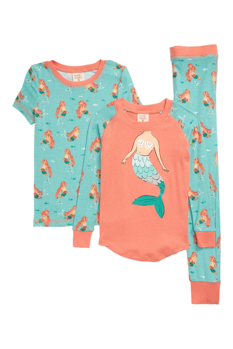 Kids' Mermaids Fitted Three-Piece Pajamas, Main, color, MINT