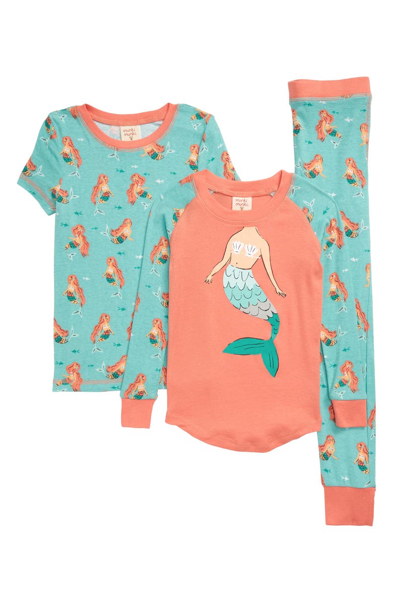 Munki Munki Kids' Mermaids Fitted Three-Piece Pajamas, Main, color, Mint