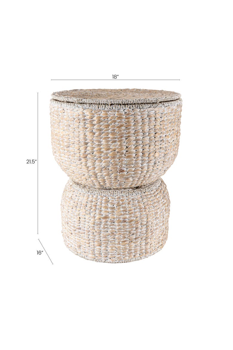 Bhola Hourglass Handwoven Hyacinth Storage Accent Table with Lid, Alternate, color, White Wash