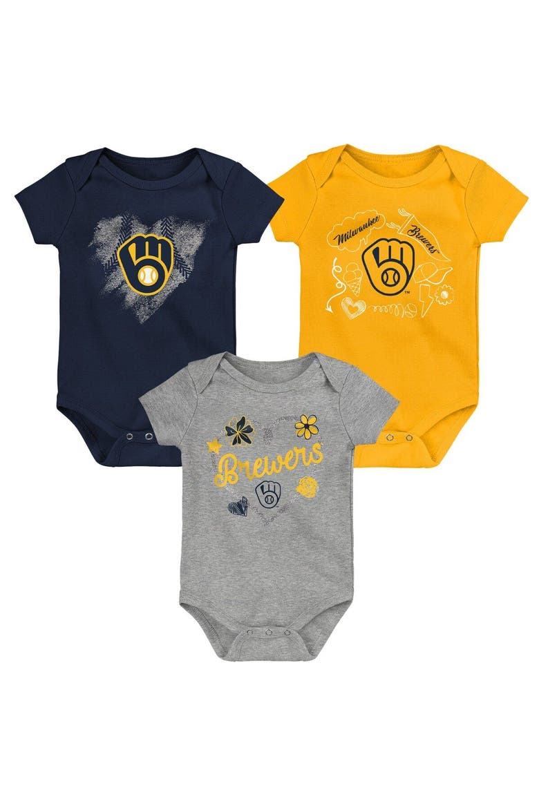 Girls Newborn & Infant Navy/Gold/Heathered Gray Milwaukee Brewers 3-Pack Batter Up Bodysuit Set, Alternate, color, Navy