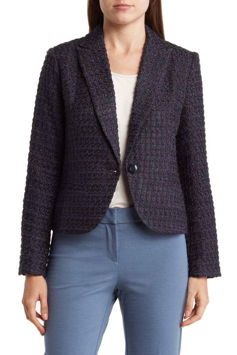 Peak Lapel Bouclé Blazer, Main, color, NAVY