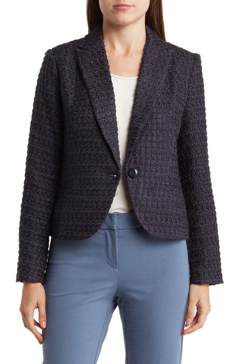 Amanda & Chelsea Peak Lapel Bouclé Blazer, Main, color, Navy