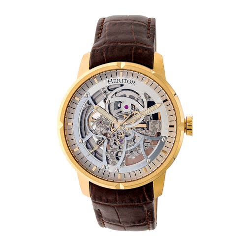 Heritor Automatic Ryder Skeleton Leather-Band Watch in Brown/gold at Nordstrom