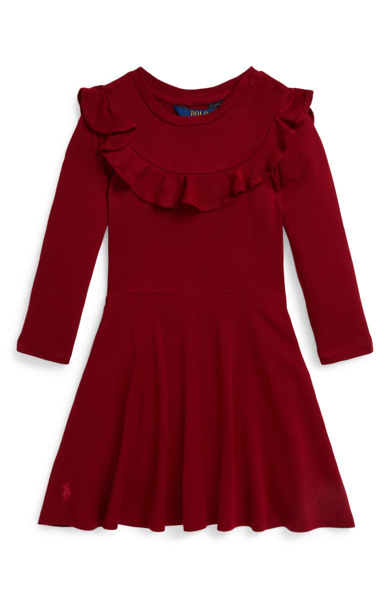 Polo Ralph Lauren Kids' Rufle Accent Long Sleeve Jersey Dress, Main, color, Holiday Red