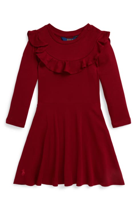 Kids' Rufle Accent Long Sleeve Jersey Dress (Toddler & Little Kid)