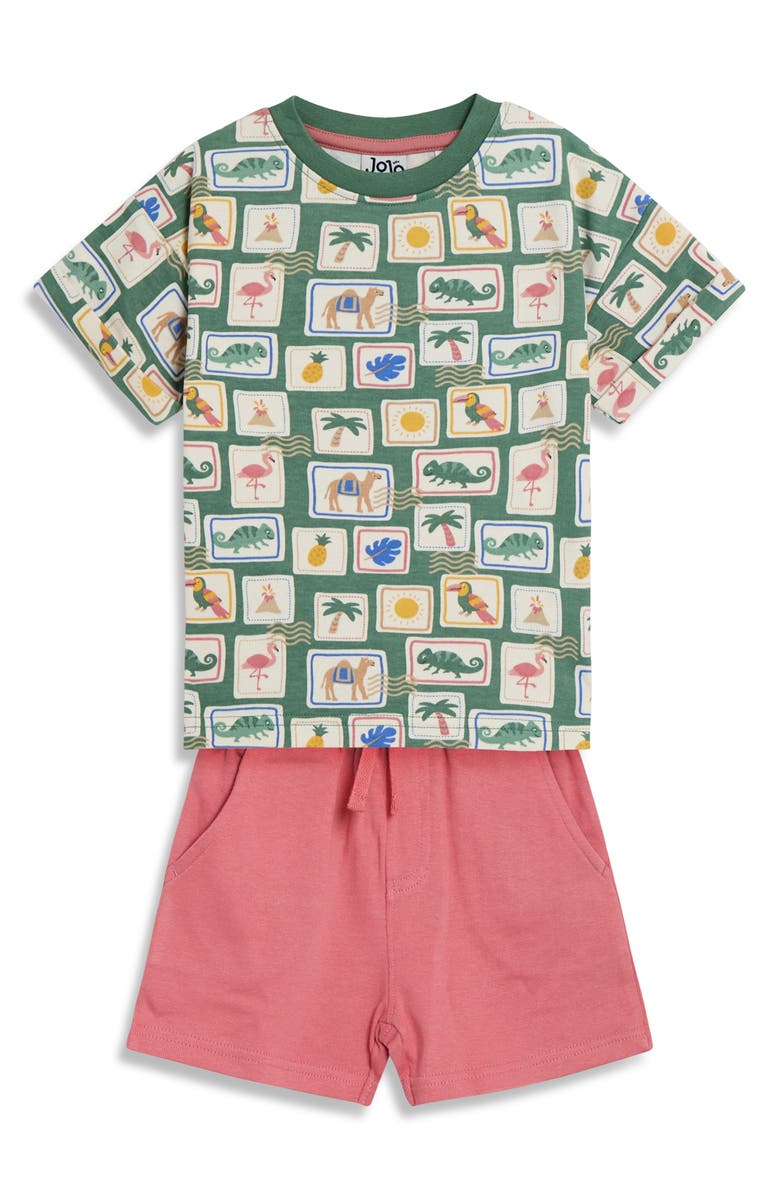 JOJO MAMAN BEBE Tropical Postcard Print T-Shirt & Shorts Set, Main, color, Khaki
