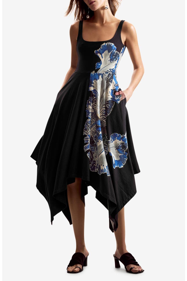 Placement Print Handkerchief Hem Stretch Cotton Dress, Main, color, BLACK