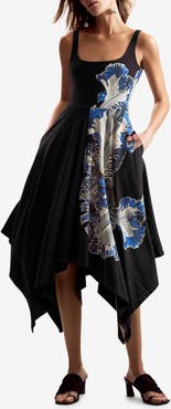 Desigual Placement Print Handkerchief Hem Stretch Cotton Dress