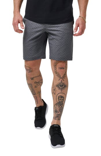 Travismathew Vegas Daze Dot Print Flat Front Stretch Shorts In Heather Dark Grey