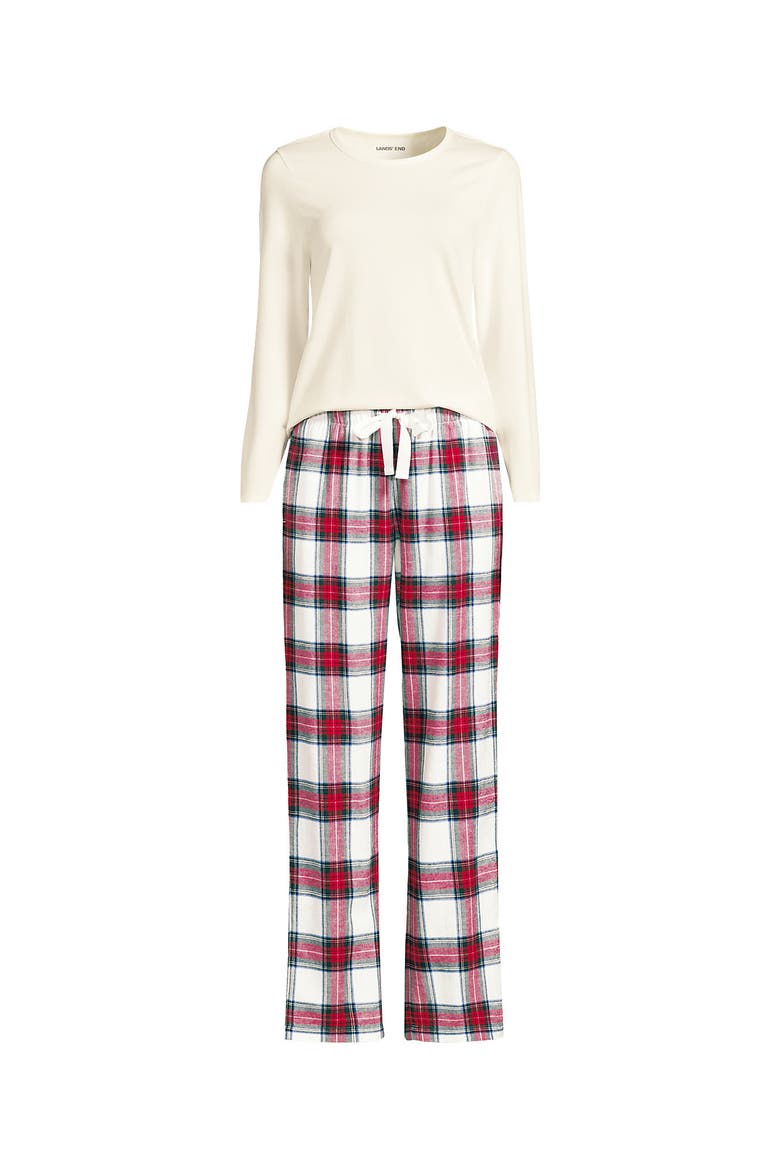 Pajama Set Knit Long Sleeve T-Shirt and Flannel Pants, Alternate, color, Ivory/Compass Red Multi Plaid