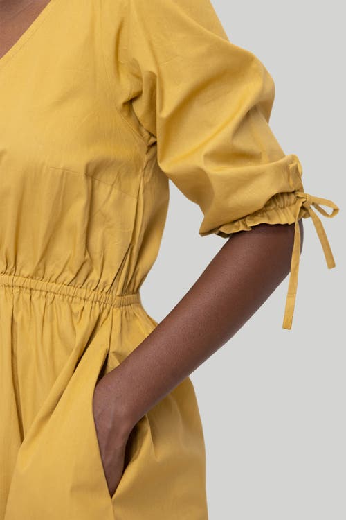 Reistor Gathered Elbow Sleeve Short Dress In Mustard