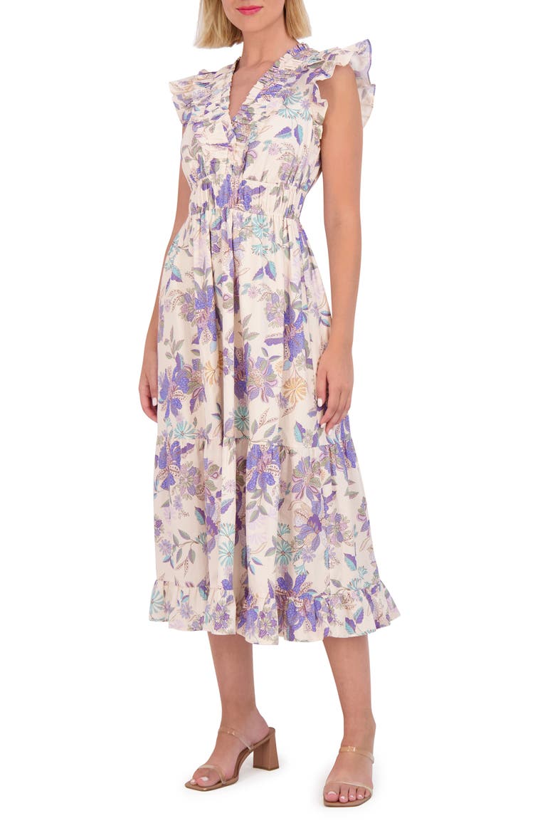 Floral Ruffle Cotton Midi Dress, Main, color, BLUE