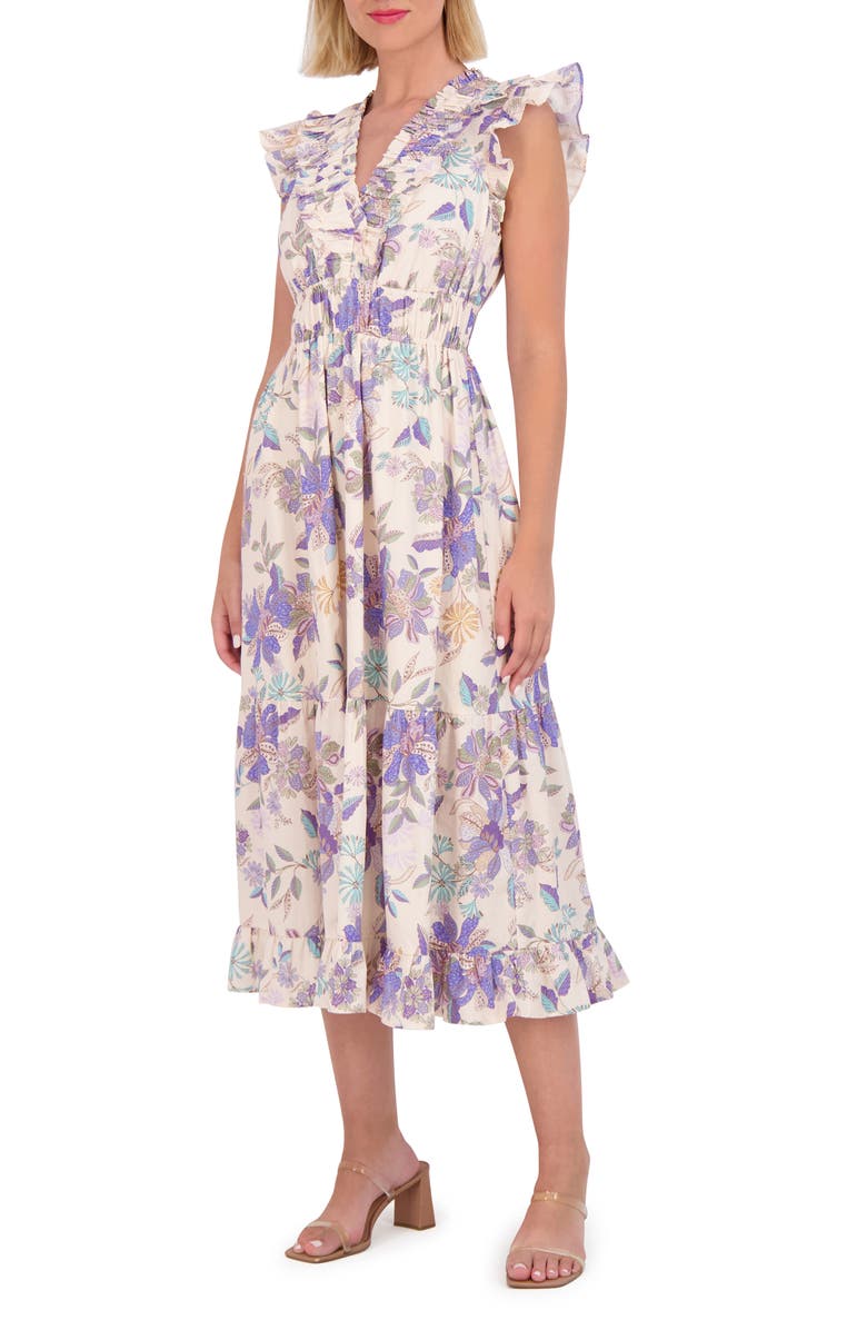 Vince Camuto Floral Ruffle Cotton Midi Dress, Main, color, 