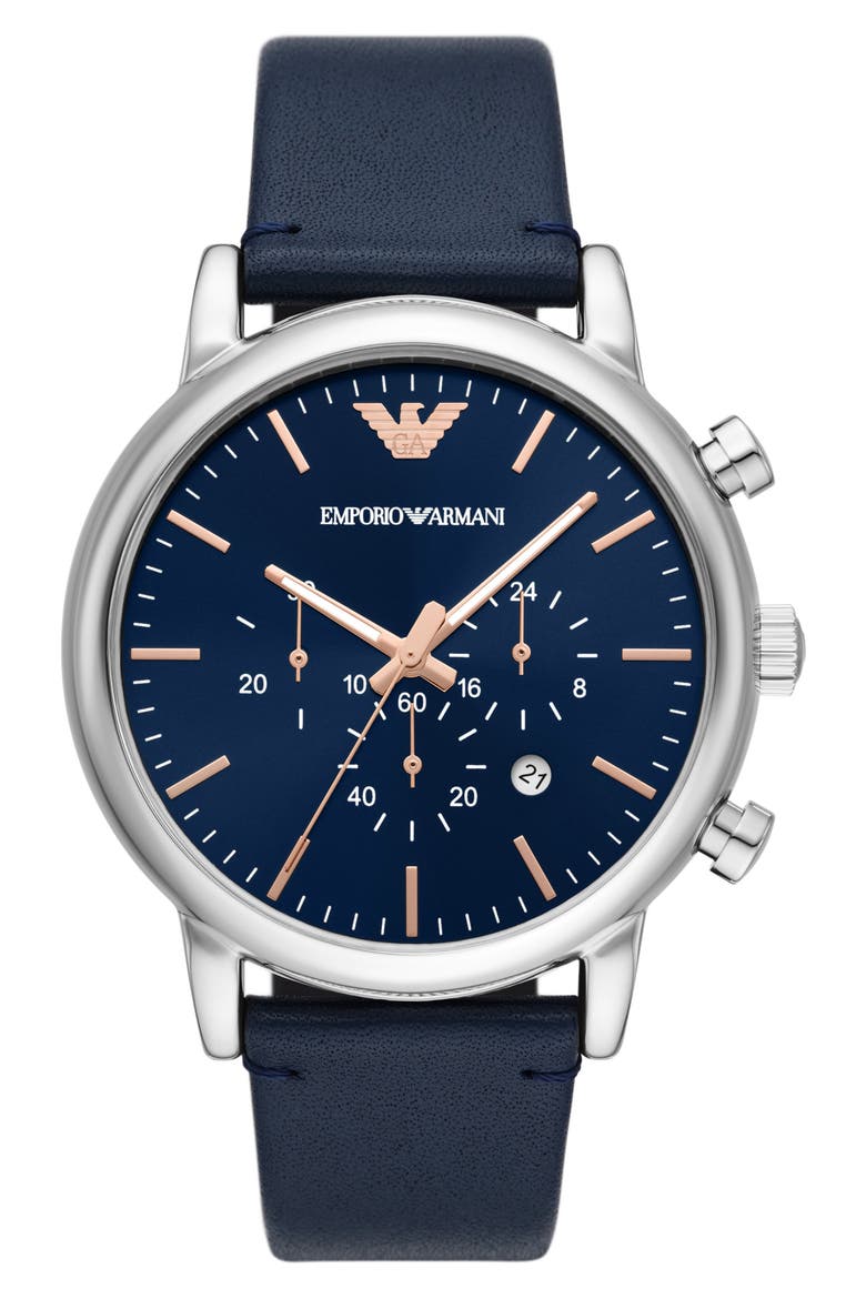 Leather Strap Chronograph Watch, 46mm, Main, color, SILVER