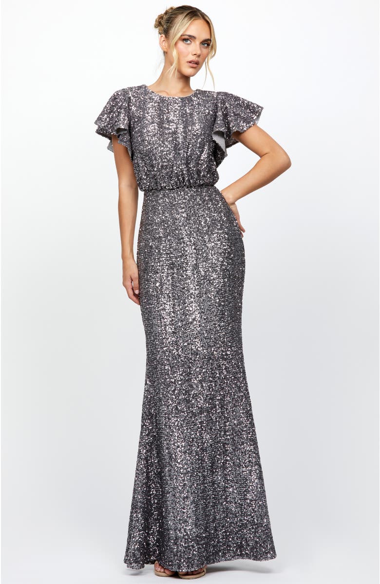 Bariano Teresa Flutter Sleeve Gown, Main, color, Charcoal