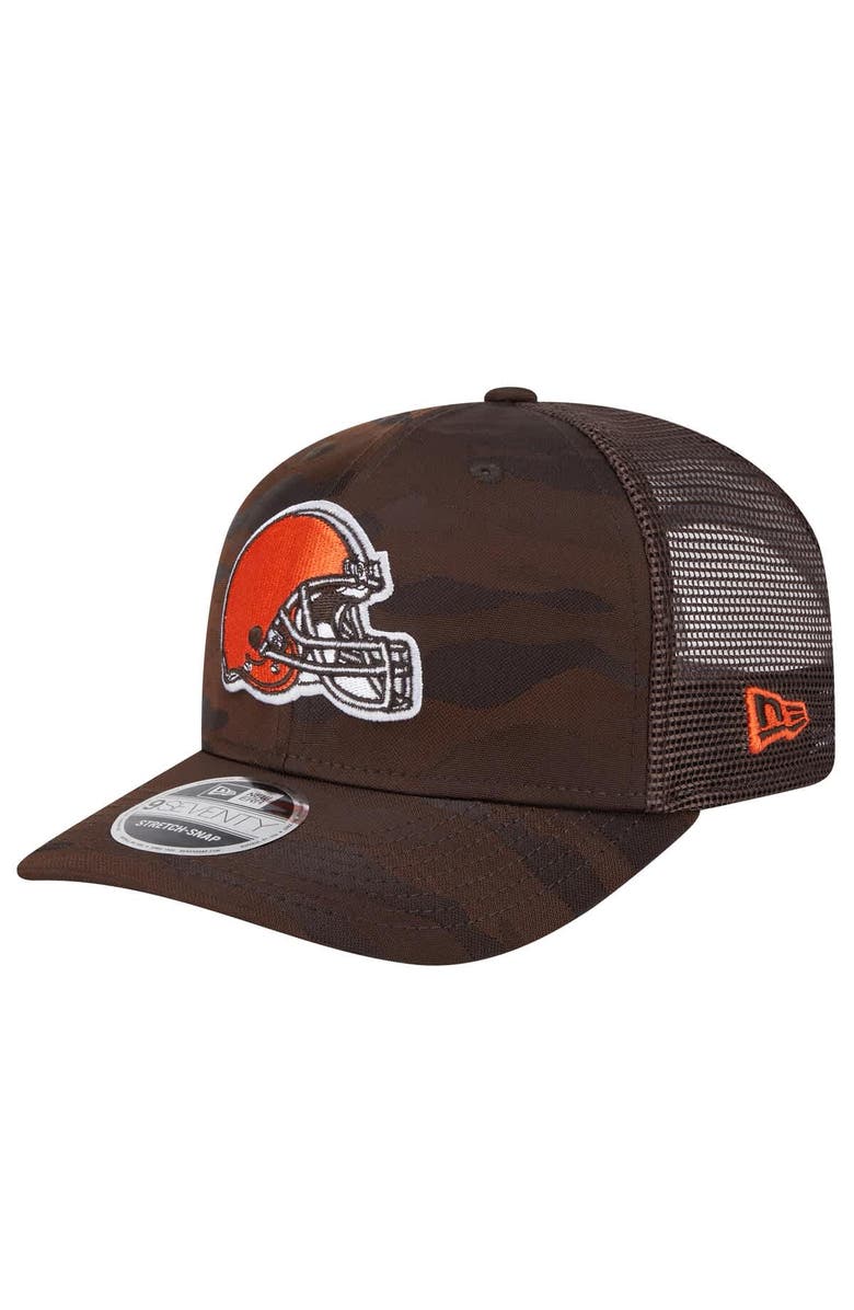 New Era Men's New Era Brown Cleveland Browns Adventure Camo Trucker 9SEVENTY Stretch-Snap Adjustable Hat, Main, color, 