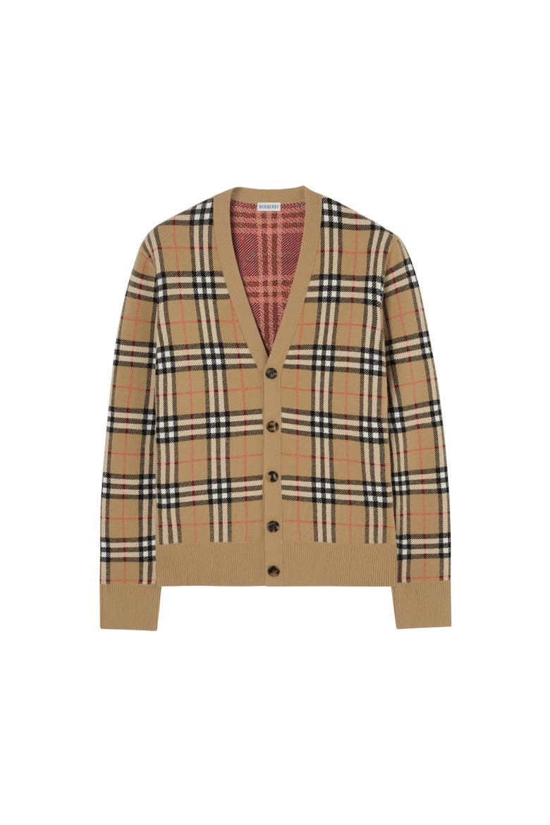 Check Cotton Wool Cardigan, Alternate, color, Sand beige