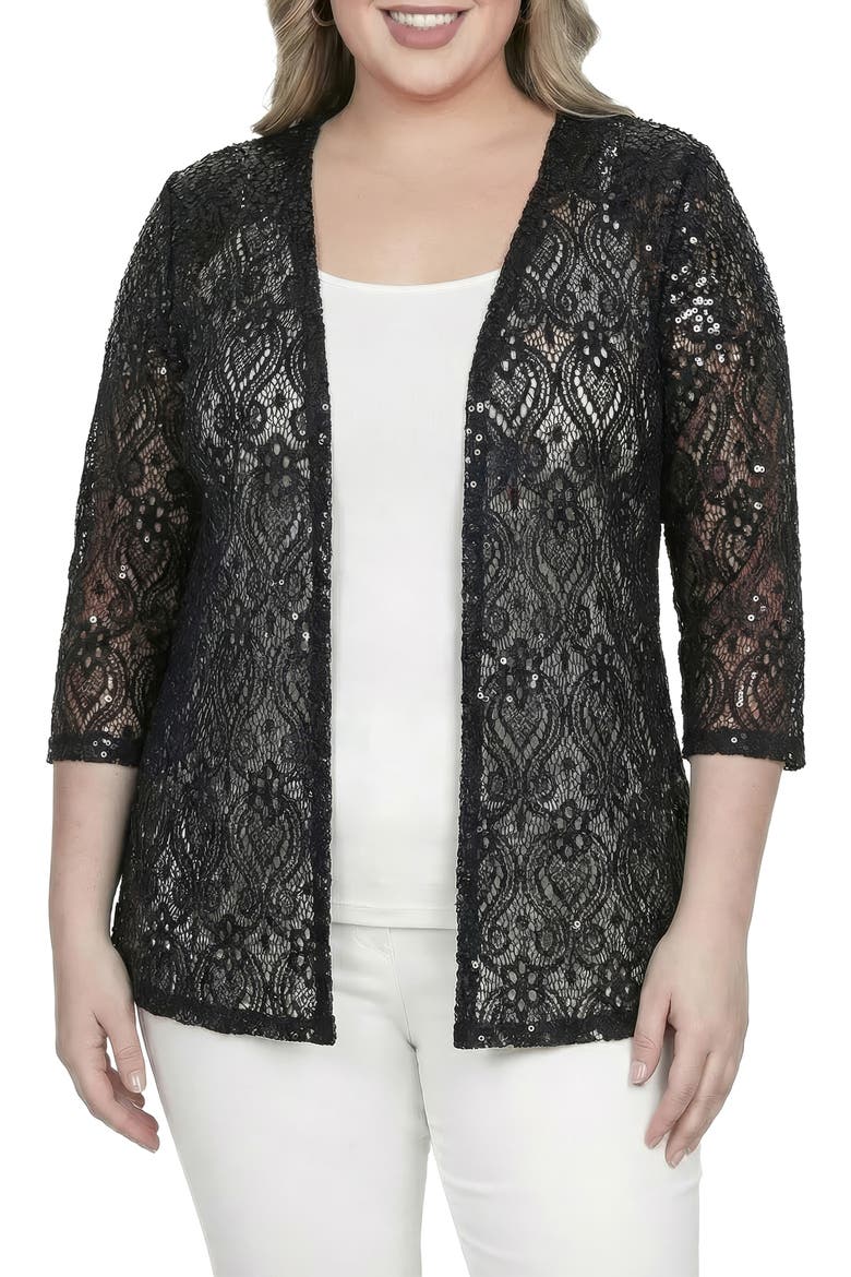 Sequin Lace Open Front Cardigan, Main, color, BLACK
