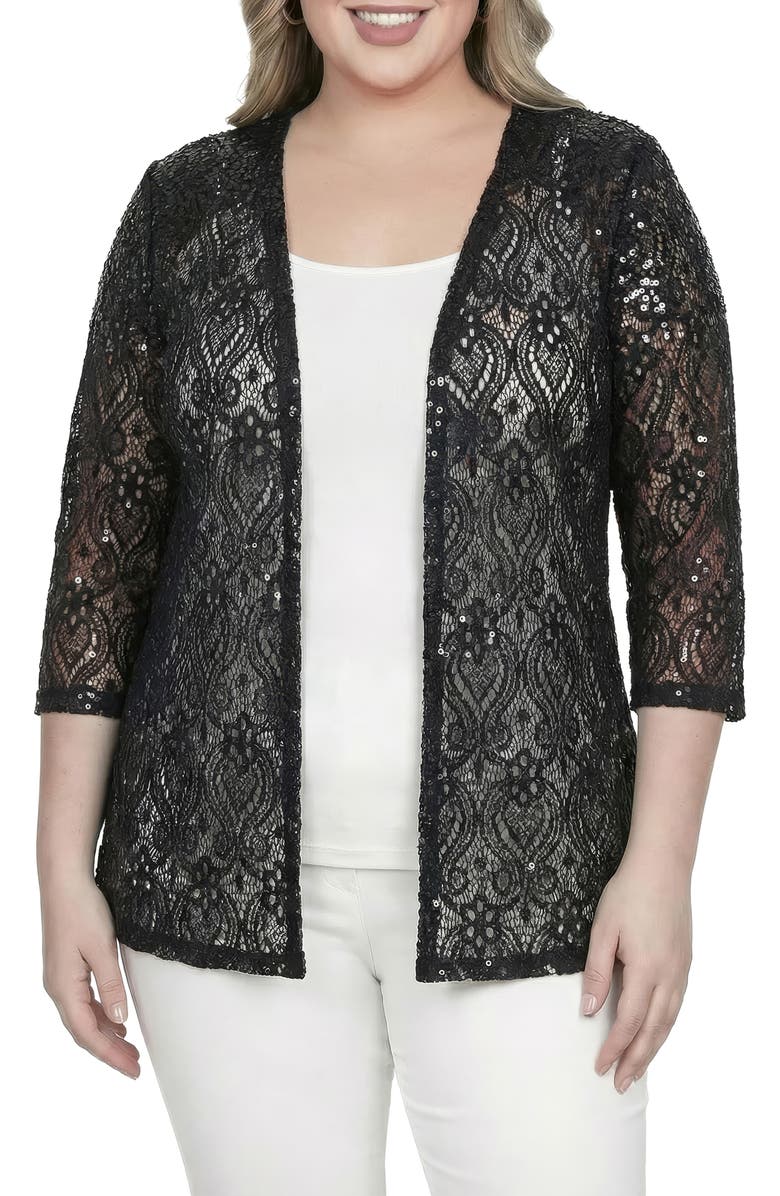 Standards & Practices Sequin Lace Open Front Cardigan, Main, color, Black