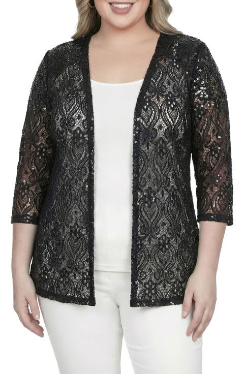 Sequin Lace Open Front Cardigan (Plus)