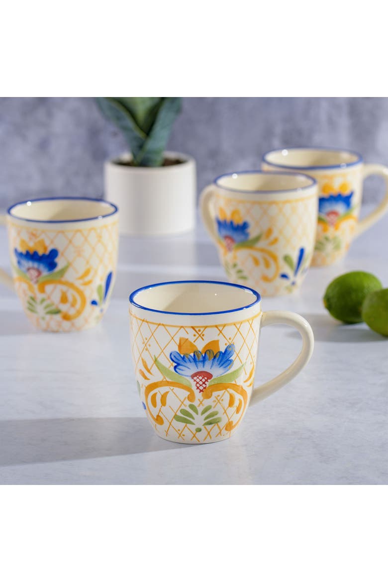 Tierra Tile 4 Piece 17.4 Ounce Hand Painted Stoneware Mug Set, Alternate, color, White and Multi